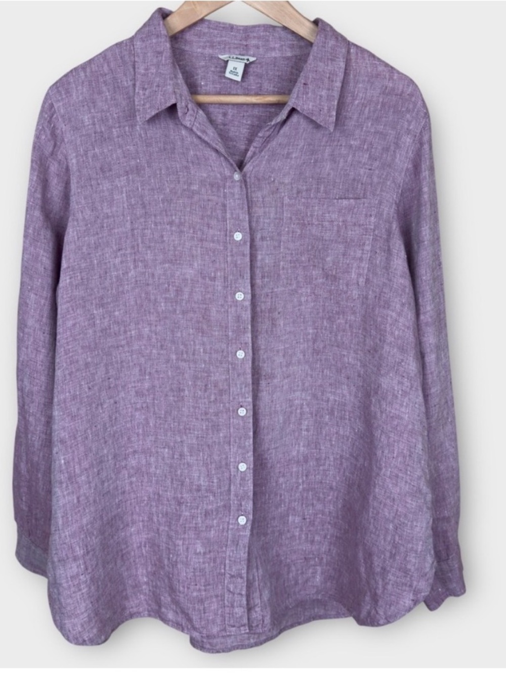 LL Bean 100% Linen Button Down Shirt Womens 1X Purple Excellent Long Sleeve